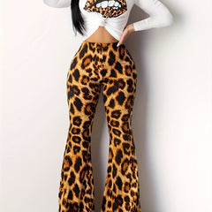 Leopard Print and Lips Print Two-Piece Set: Long Sleeve Top & Flared Leg Pants