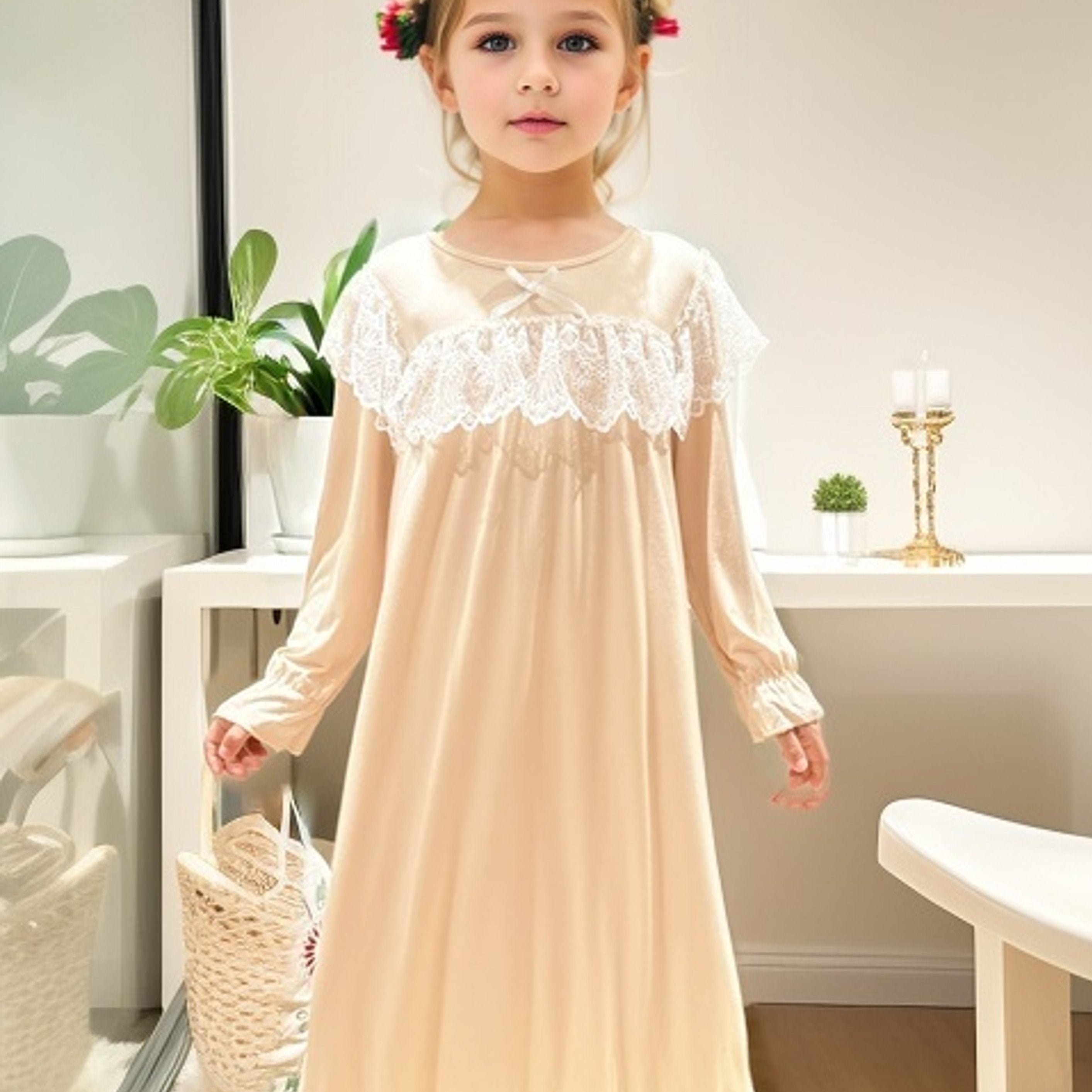 Girls Nightdress Long Sleeve Princess Dress Lace Bow Pajamas
