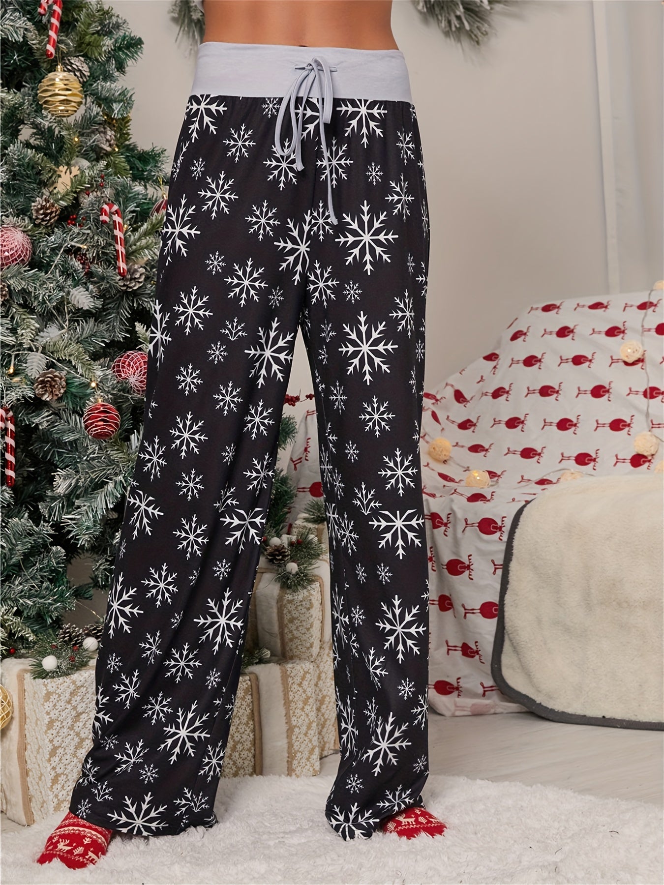 Christmas Print Wide Leg Pants Casual Drawstring Pants