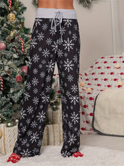 Christmas Print Wide Leg Pants Casual Drawstring Pants
