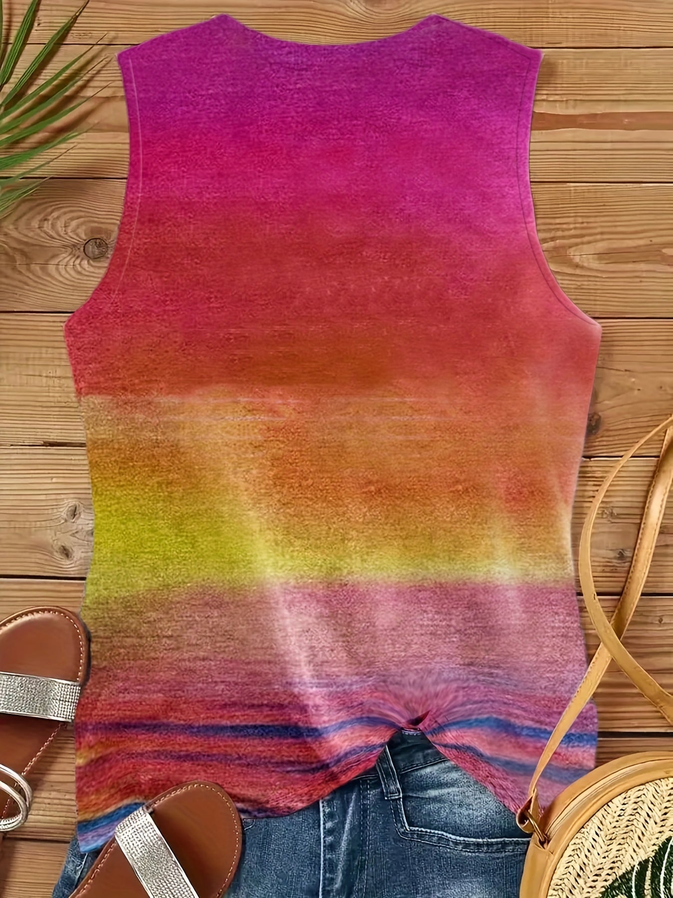 Beach & Letter Print Tank Top Sleeveless Casual Crew Neck Tank Top