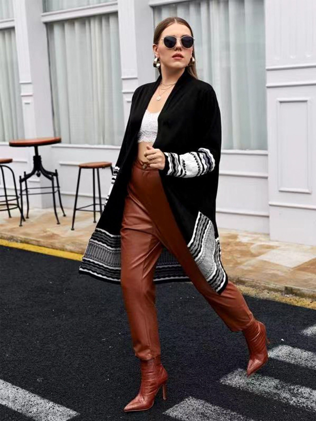 Colorblock Knit High Stretch Sweater Cardigan Women's Plus Long Casual