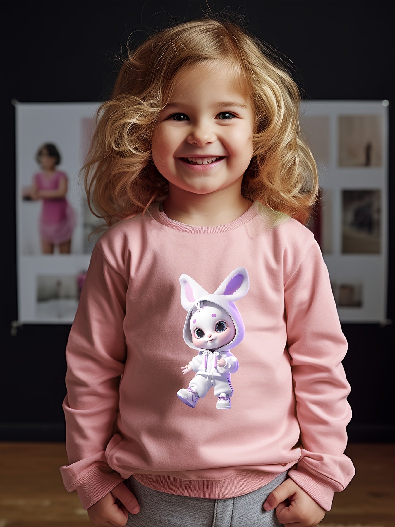 Girls Rabbit Pattern Crew Neck Long Sleeve Sweatshirt
