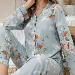Floral Print Pajama Set Long Sleeve V Neck Top & Elastic Waistband Pants