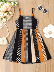 Girls Summer Cami Dress Block Striped Polka Dot Backless Strappy