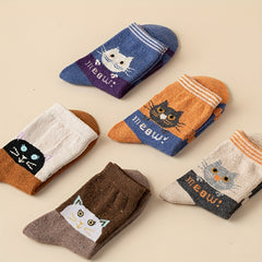 5 Pairs Cartoon Cat Print Socks Women's Mid Tube Stockings