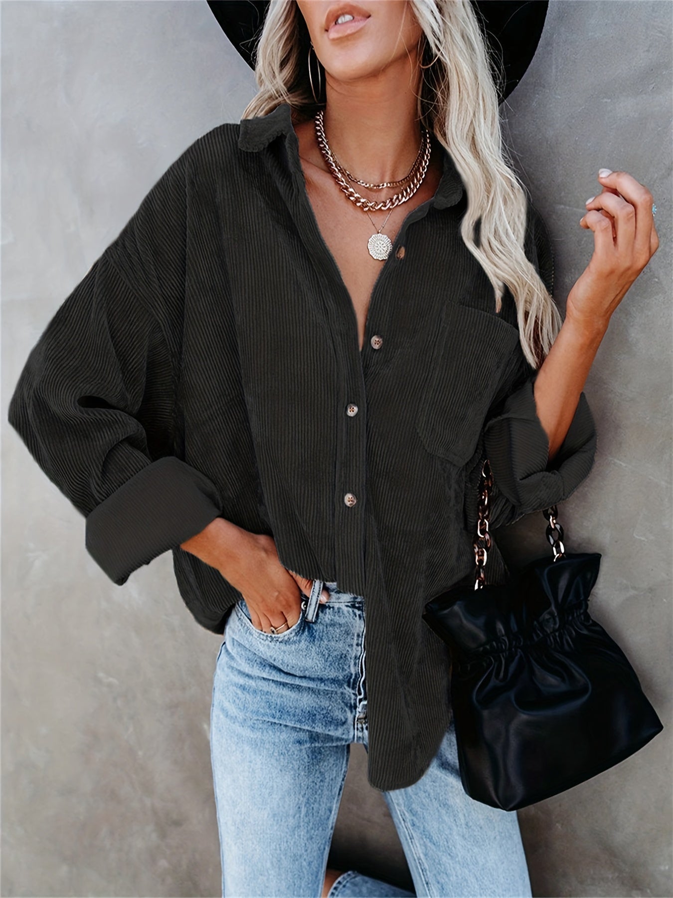 Corduroy V neck Loose Lapel Blouse Casual Button Down Long Sleeve Shirt