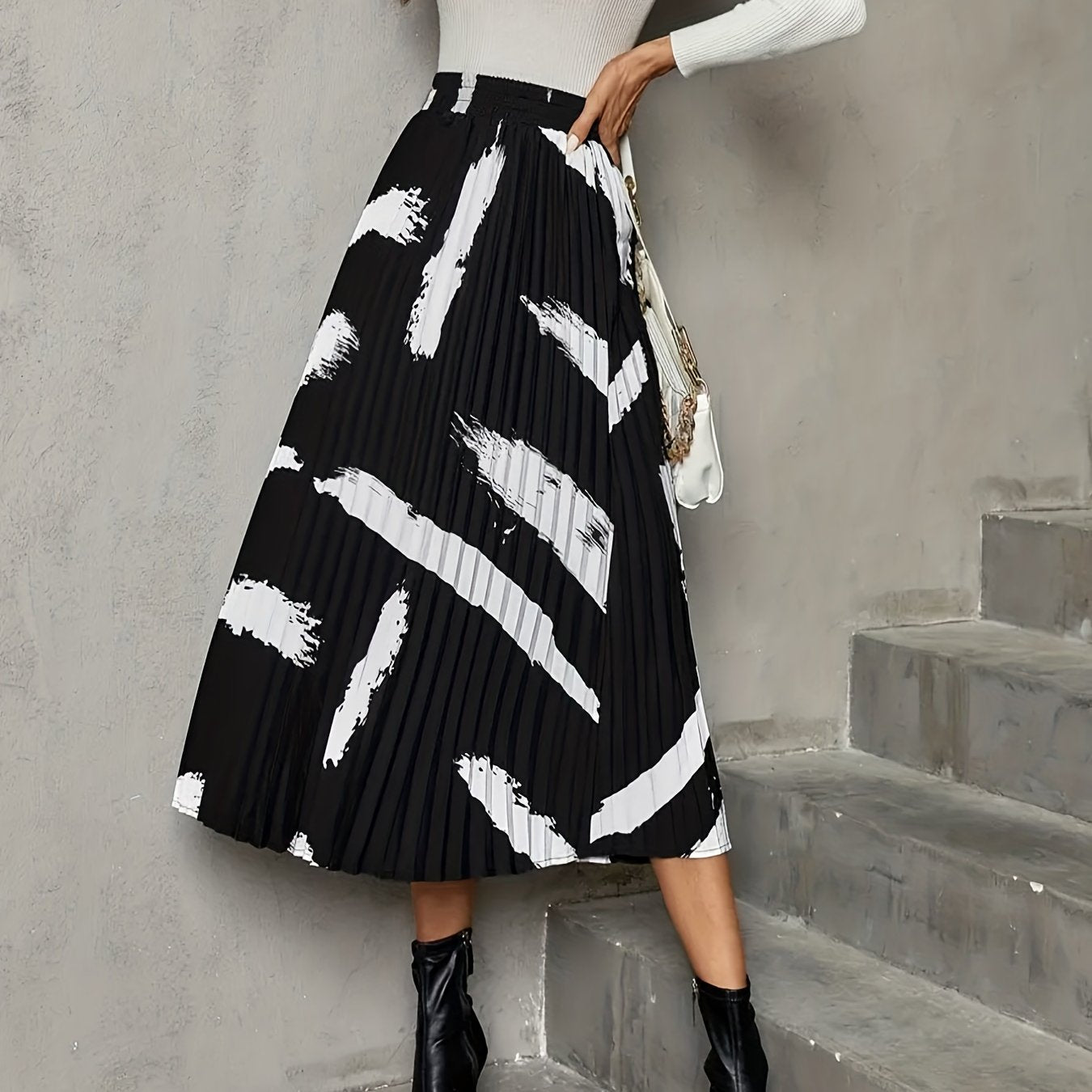 Abstract Print Pleated High Waist Skirt