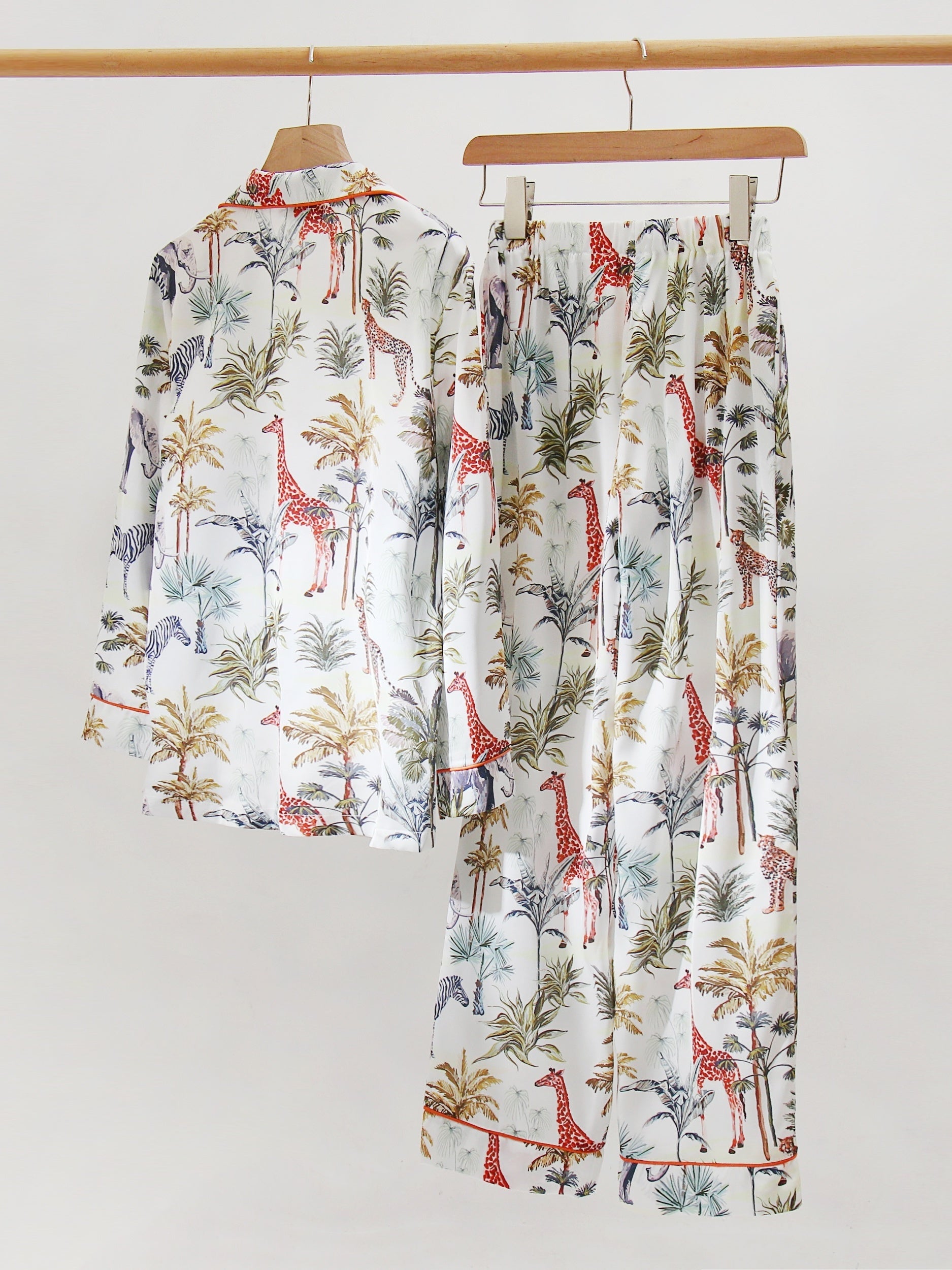 Plant Print Satin Pajama Set Long Sleeve Button Up Top & Elastic Waistband Pants
