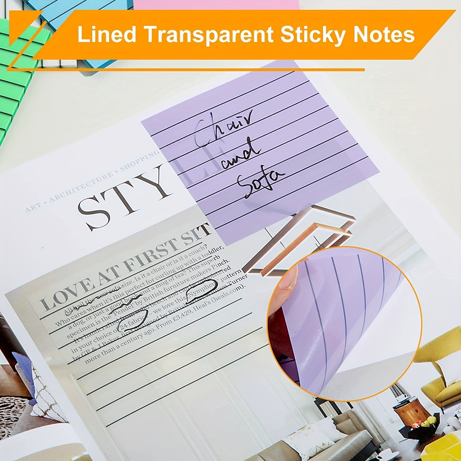 6 Lined Transparent Sticky Notes 7.62cmx7.6cm Soft Clear