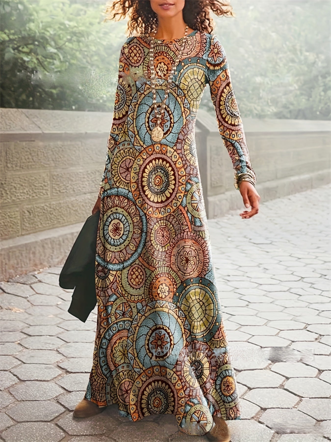 Graphic Print Long Sleeve V Neck Maxi Dress