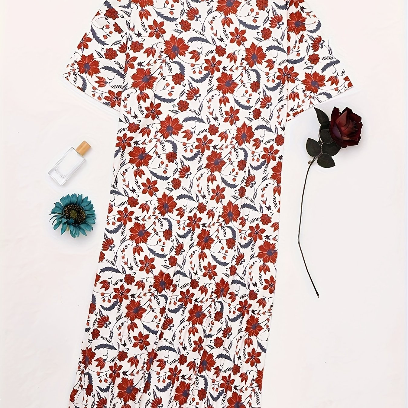 Boho Lounge Dress Floral Print Short Sleeve Round Neck High Stretch