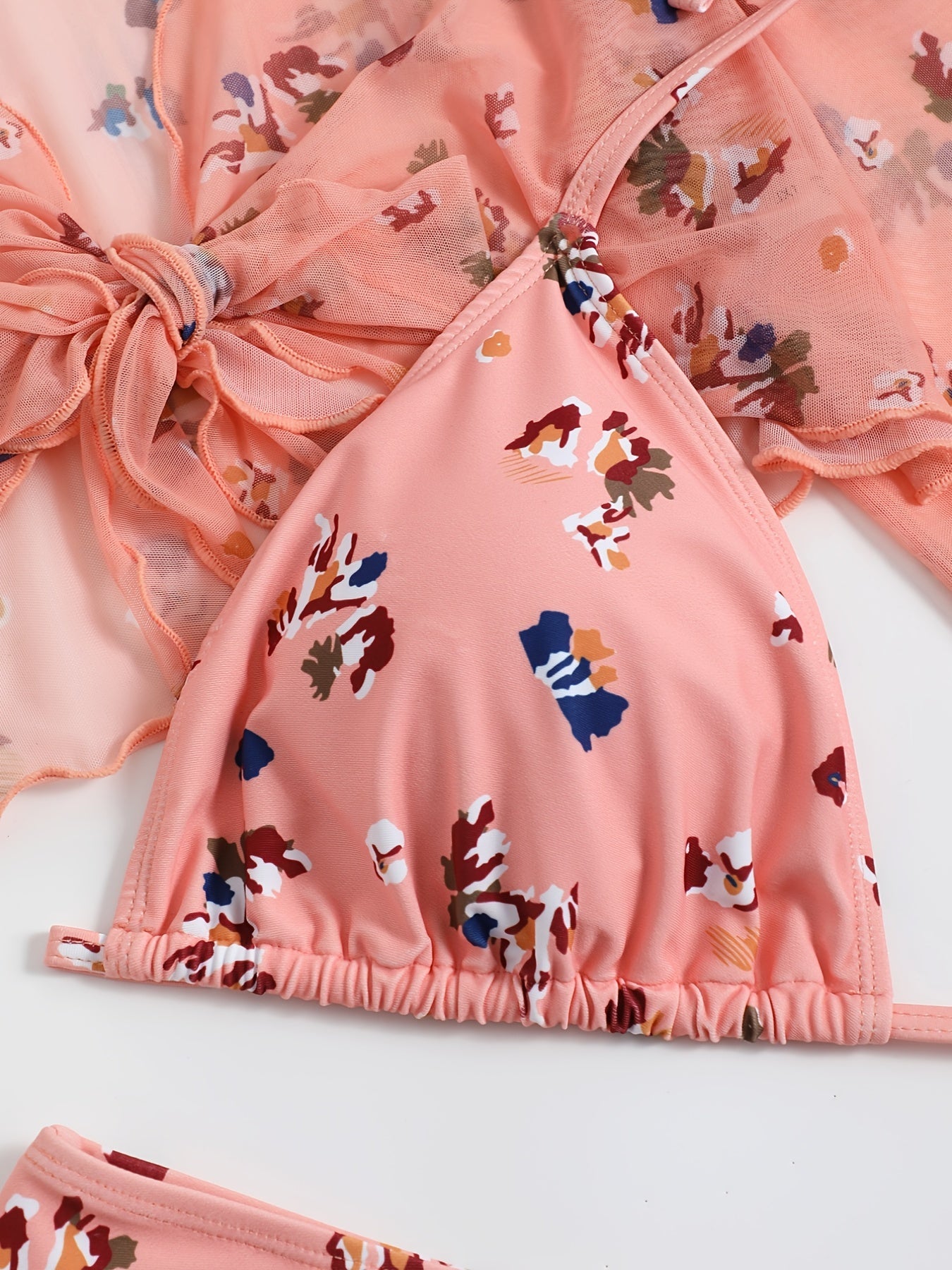 3pcs Plus Size Floral Print Bikini Set & Cover Up Tops Women's Plus Swimsuit Set