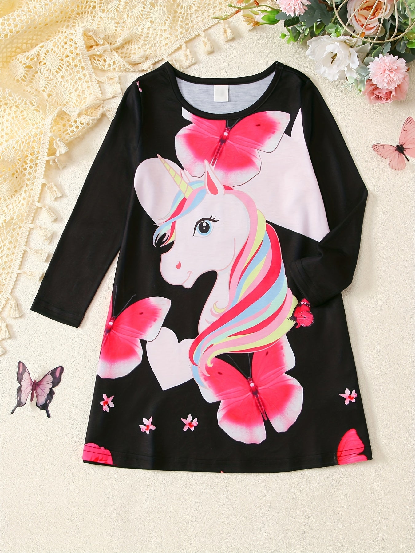 Unicorn Tee Dress Toddler Girls Long Sleeve Party Nightgown