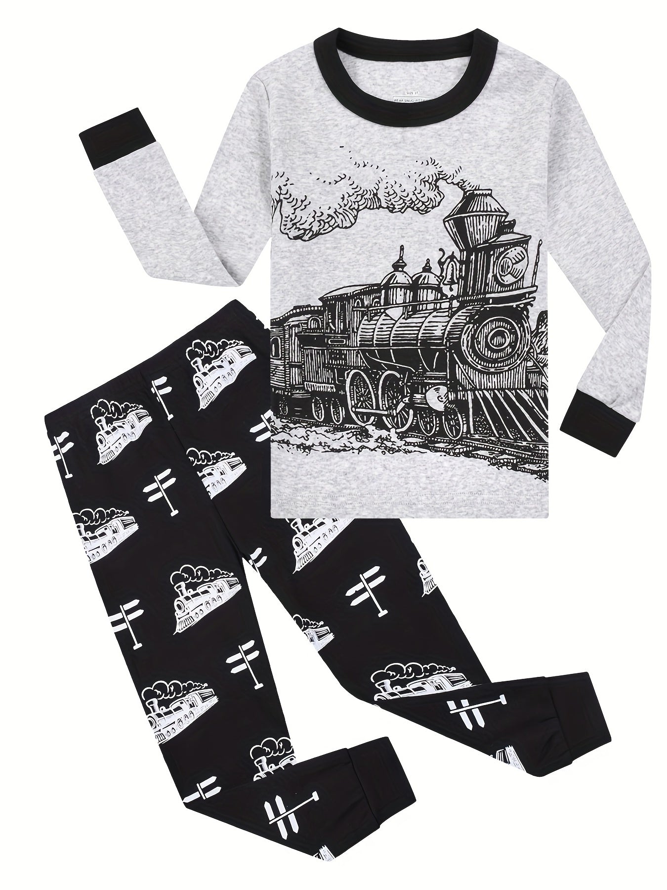 Boys' Train Print Pajama Set Cotton Long Sleeve Top & Pants