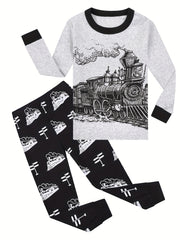 Boys' Train Print Pajama Set Cotton Long Sleeve Top & Pants