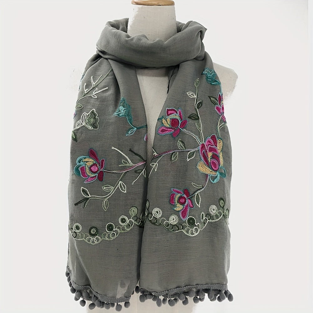 Vintage Flower Embroidery Scarf Boho Shawl Windproof Wrap