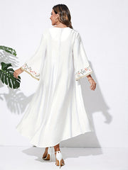 Floral Embroidered Abaya Dress Long Sleeves V Neck Maxi