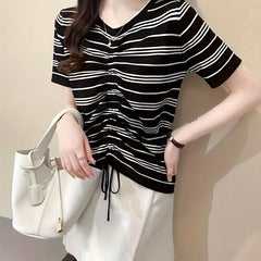Striped Print Drawstring Knit Sweater Casual Short Sleeve Sweater