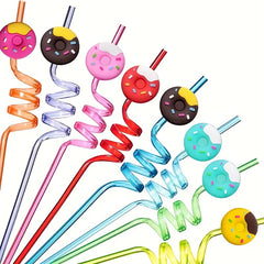 4pcs Donut Straws Reusable Plastic Straws for Kids' Donut Party Decorations