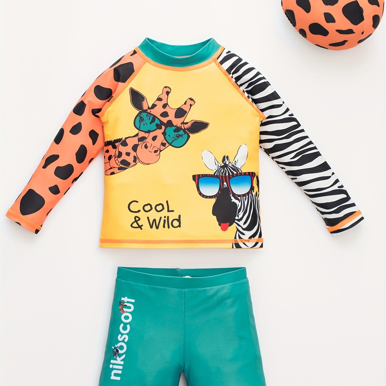 Boy's Cartoon Zoo Swimsuit Set with Swimming Cap