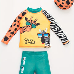 Boy's Cartoon Zoo Swimsuit Set with Swimming Cap