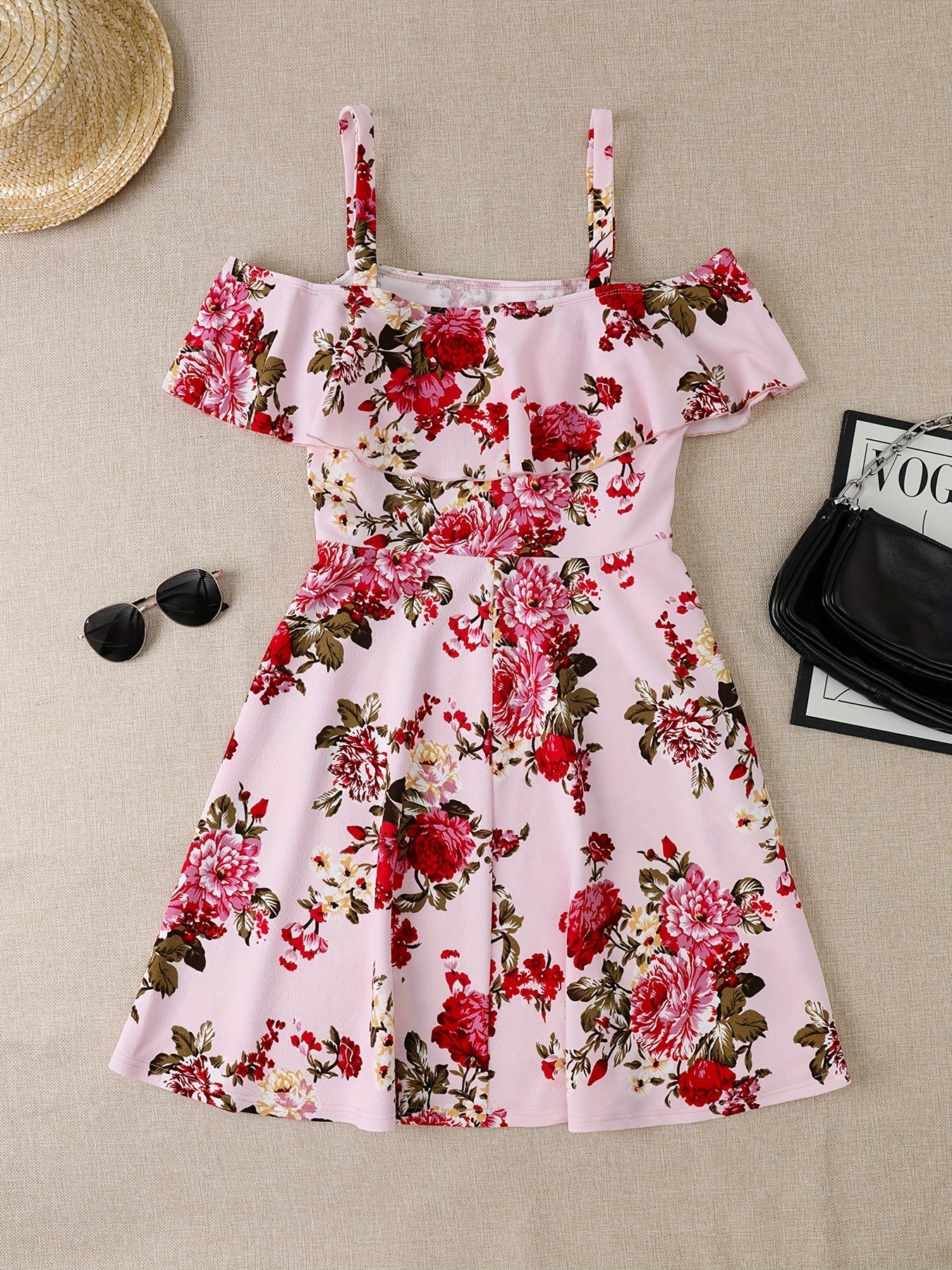 Women's Plus Floral Print Cold Shoulder Ruffle Trim Mini Dress