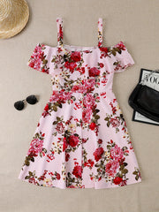 Women's Plus Floral Print Cold Shoulder Ruffle Trim Mini Dress