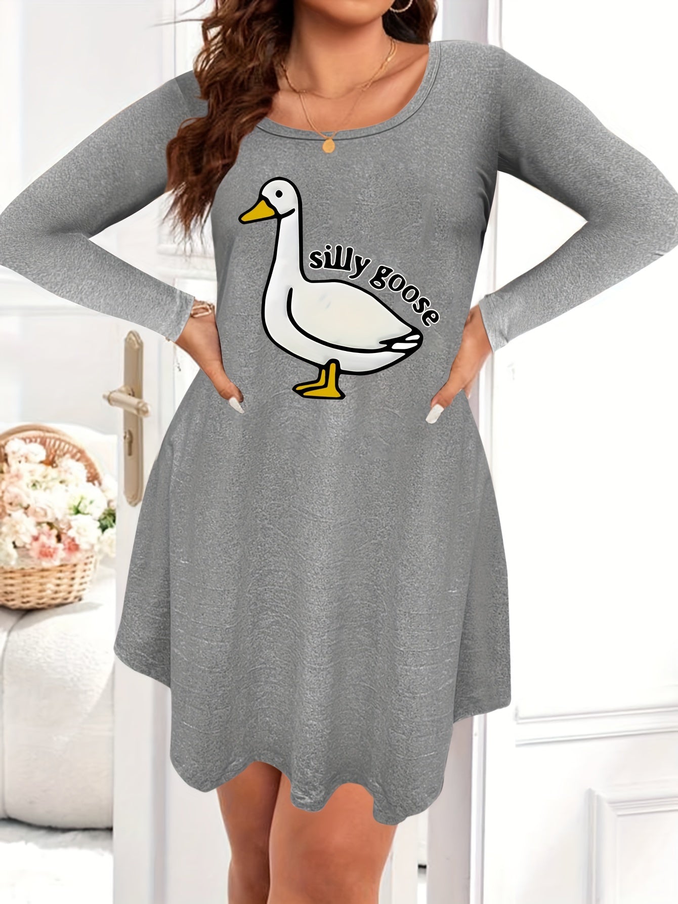 Nightdress Women's Plus Goose & Letter Print Long Sleeve Tee