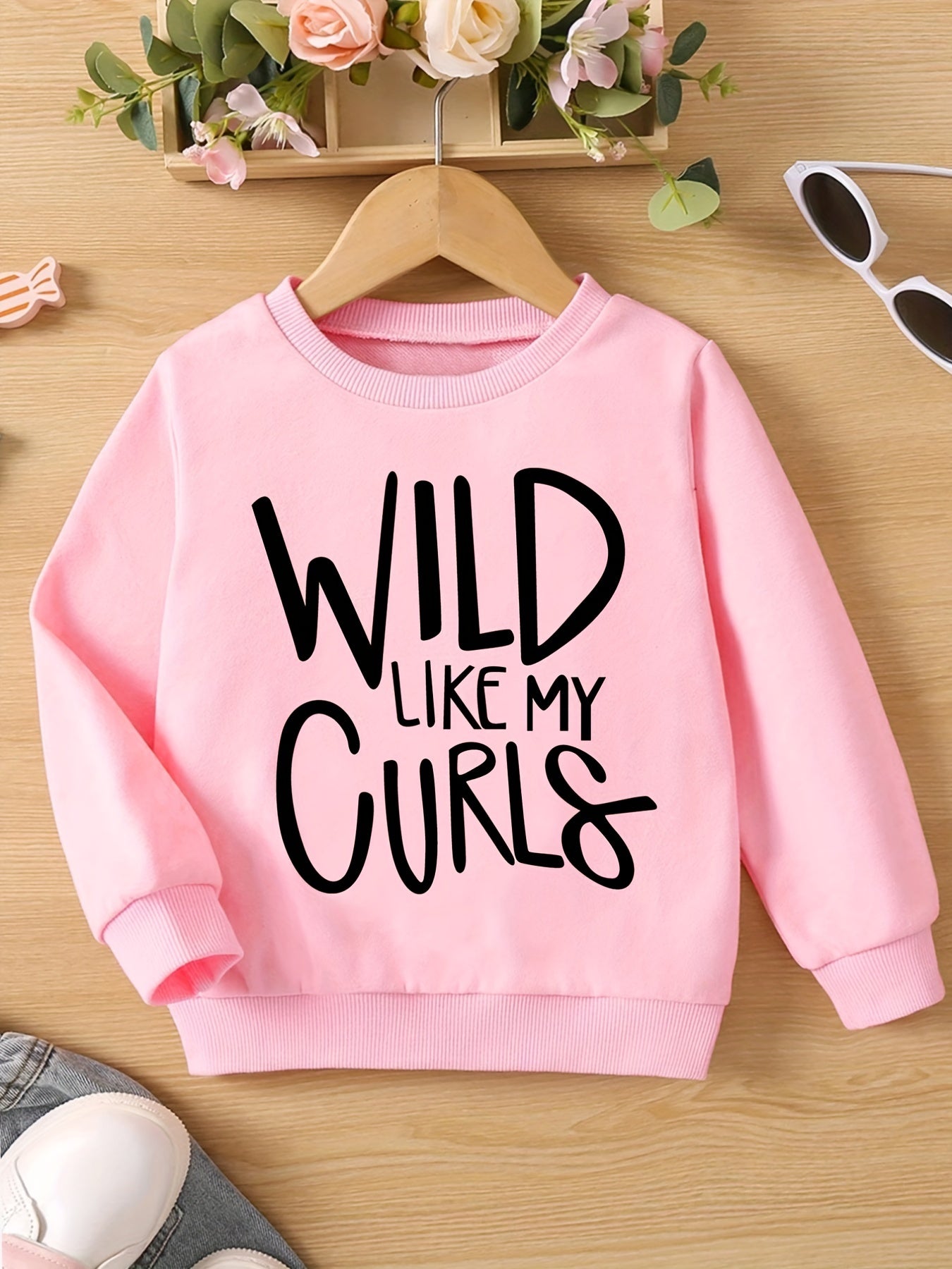 WILD LIKE MY CURLS Letter Print Girls Casual Sweatshirt