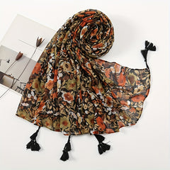 Plant Flower Print Scarf Vintage Soft Sunscreen Tassel Shawl Thin...