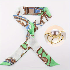 Green Skinny Scarf & Ring Set, Faux Pearl Scarf Clip, Neckerchief Twilly Scarf