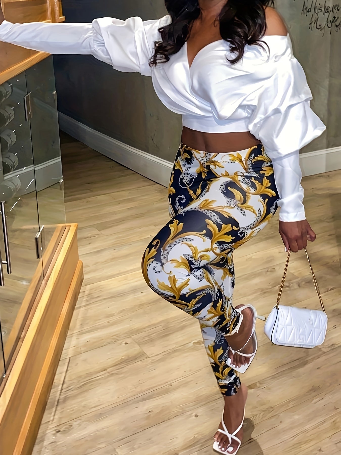 Boho Leggings Women's Plus Baroque Print Elastic High Rise Leggings
