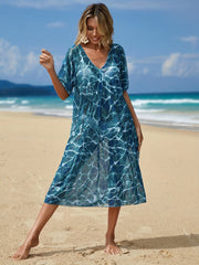 Ripple Print Cover Up Dress V Neck Short Sleeves Loose Fit Semi Sheer Beach Kaft