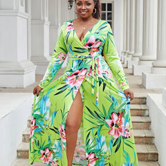 Floral Print High Split Maxi Dress With Belt
