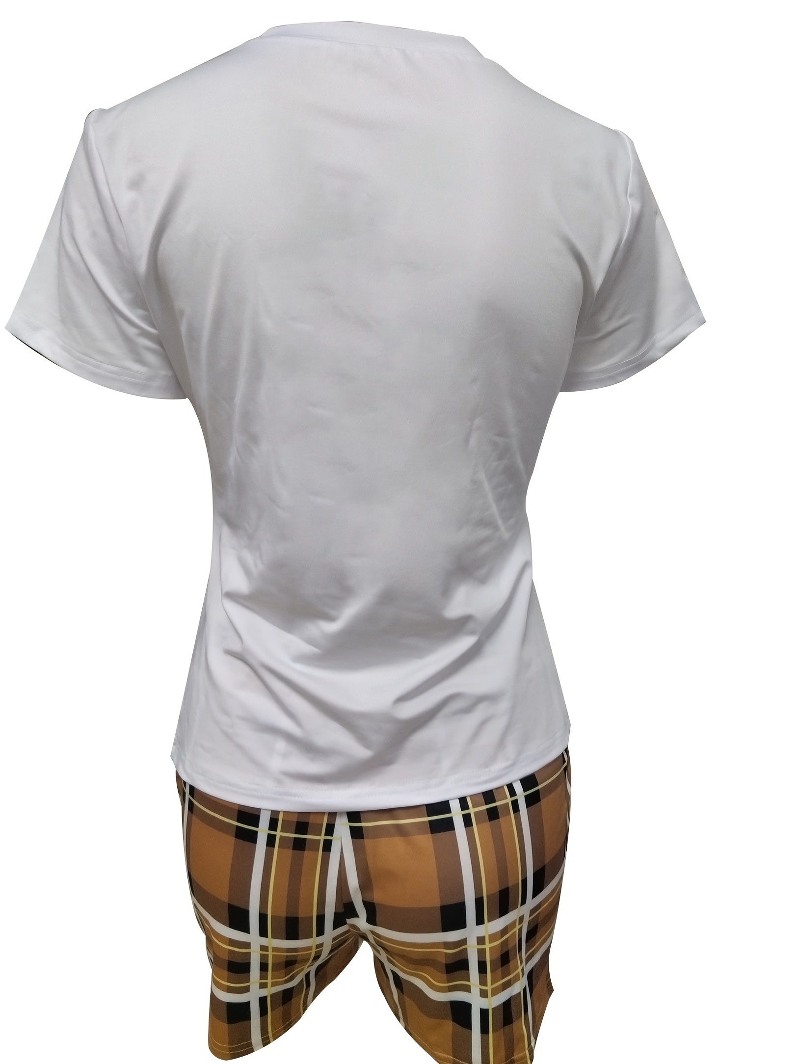 Spring Summer Two piece Set Queen Letter Tee & Plaid Shorts Outfit
