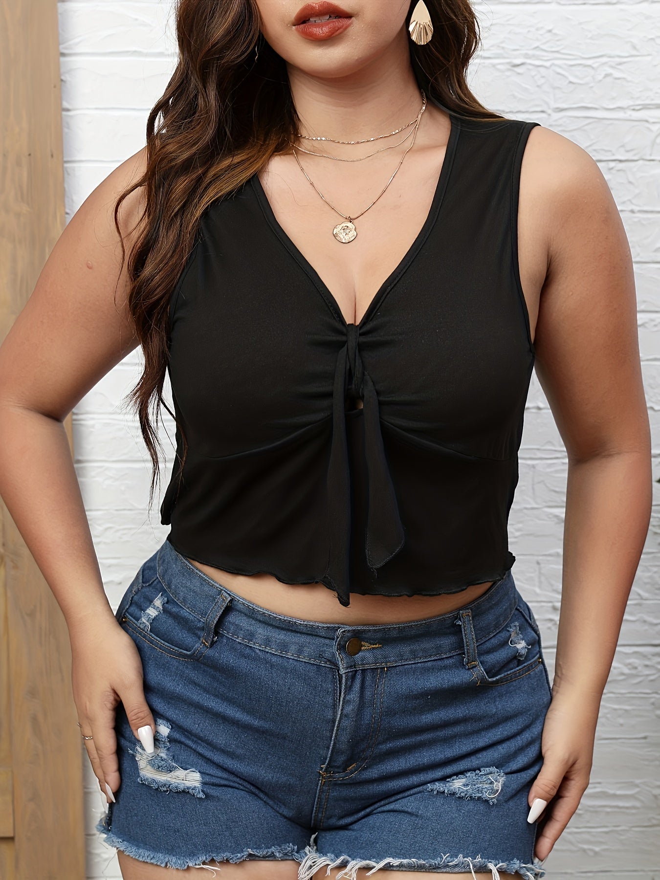 Sexy Tank Top Women's Plus Plain Knot Front V Neck