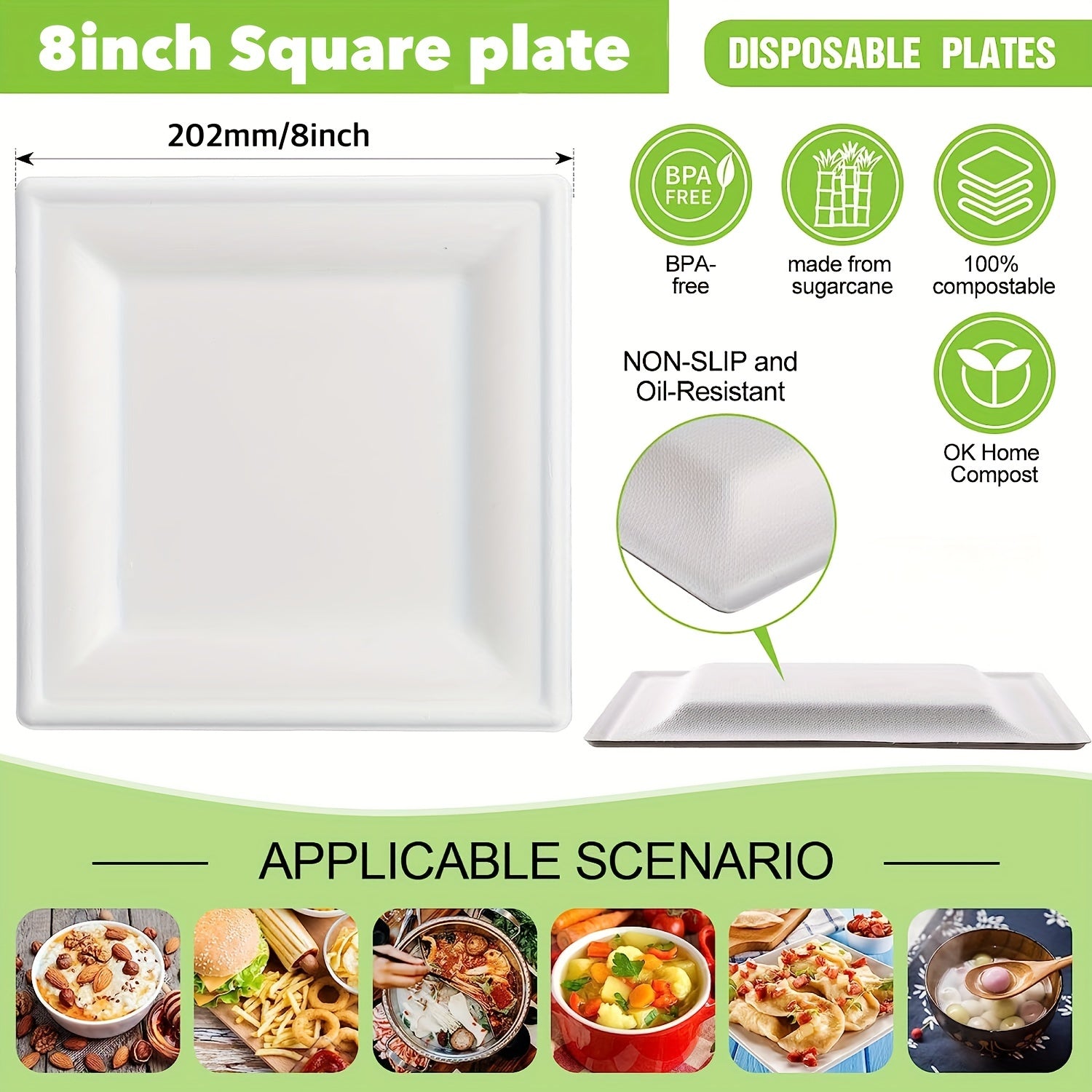 8" Compostable Square Plates, 100 Pack, Biodegradable Sugarcane Plates