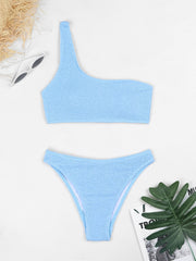 One Shoulder Solid 2 Piece Set Bikini Asymmetric Ruched Swimsuit