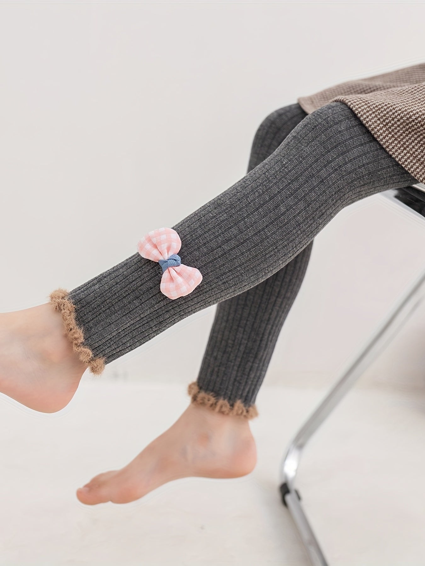 Girls Ruffle Trim Leggings With Bow Comfortable Casual Pants for Kids