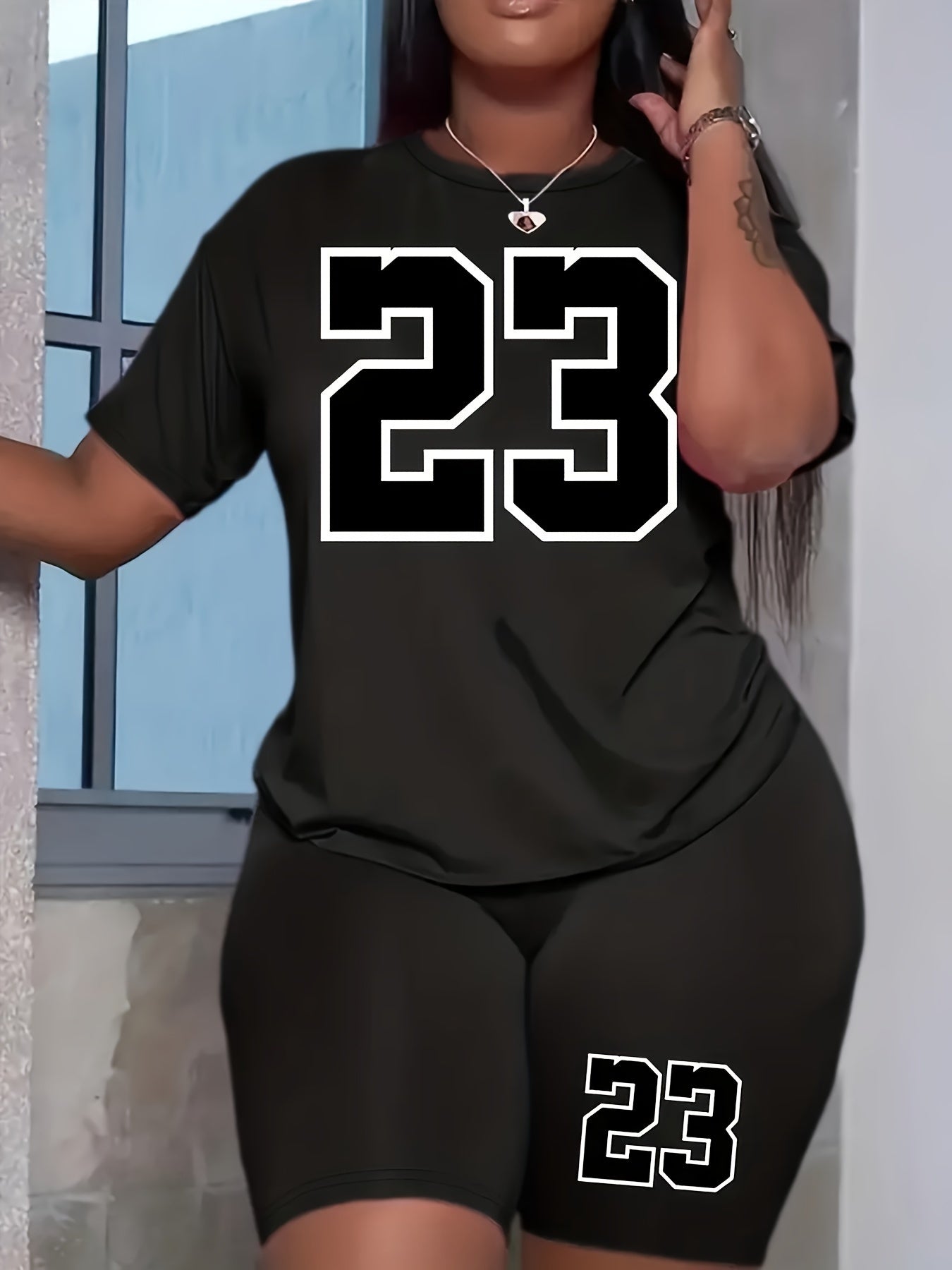 Number Print Short Sleeve Tee & Biker Shorts Pajama Set