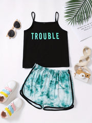 2pc Toddler Girls TROUBLE Cami Top & Tie Dye Shorts Set
