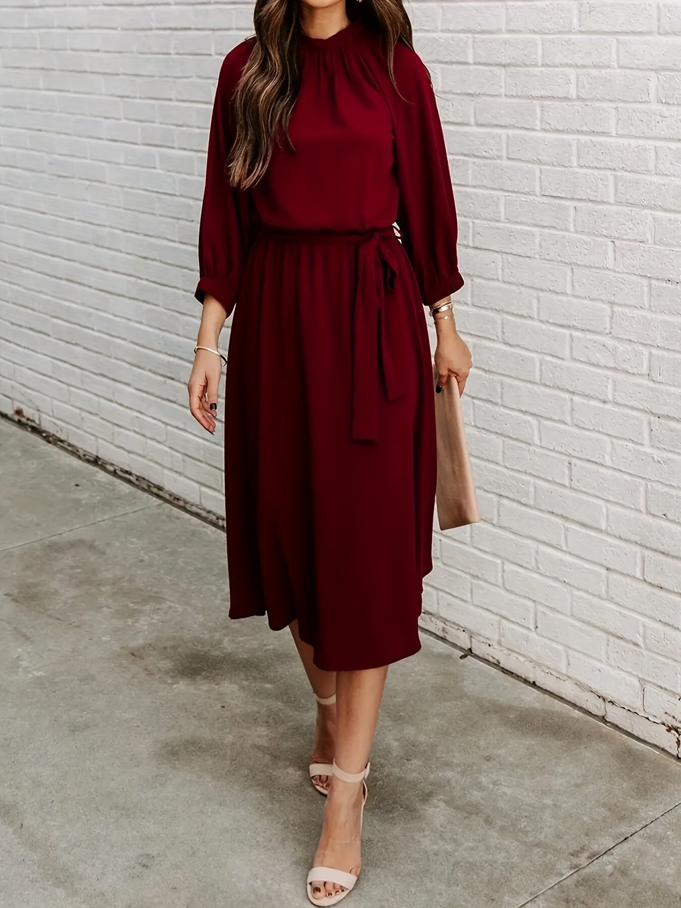 Ruched Long Sleeve Party Midi Dress Women's Clothing