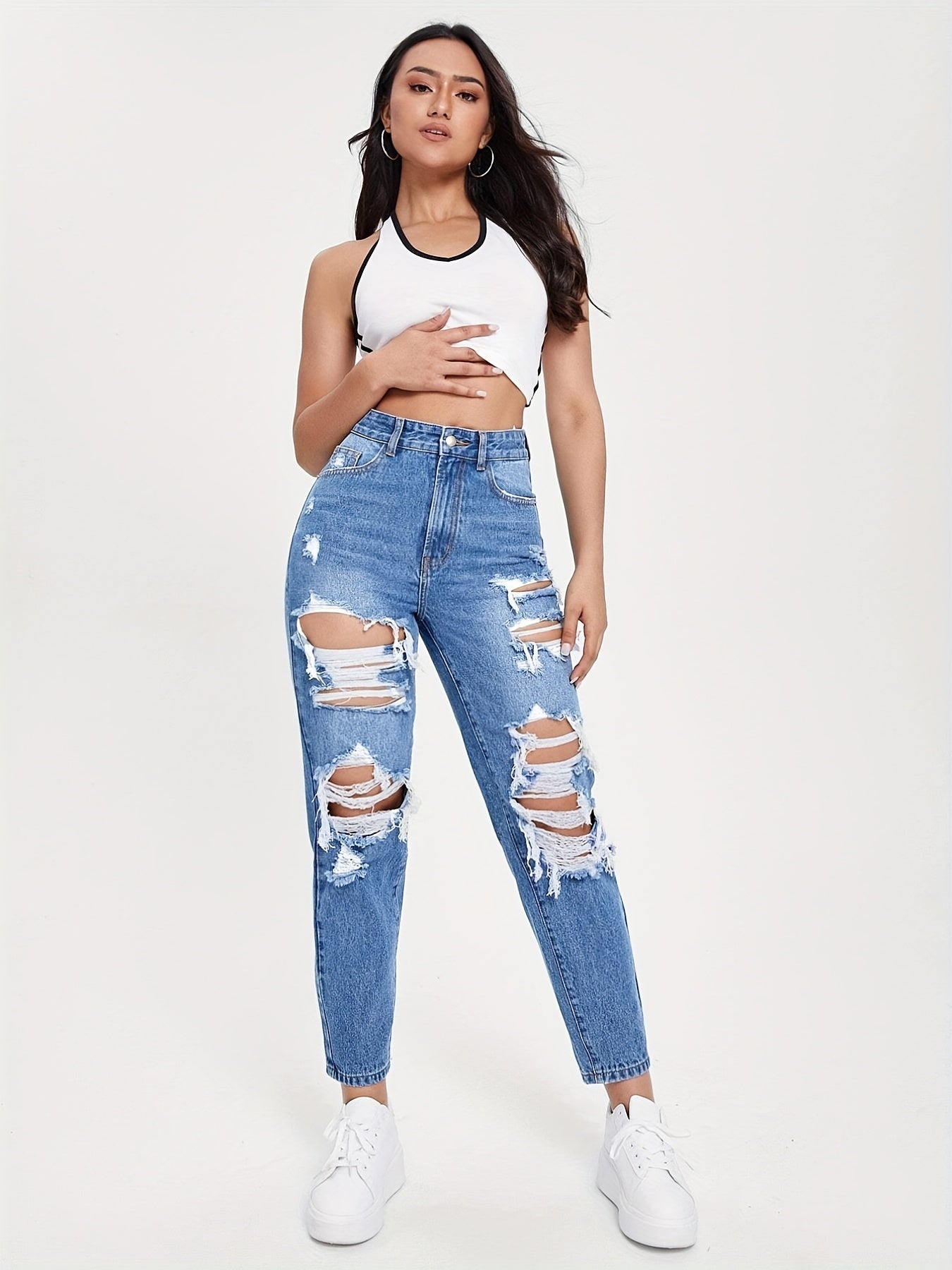 High Rise Distressed Cropped Denim Pants