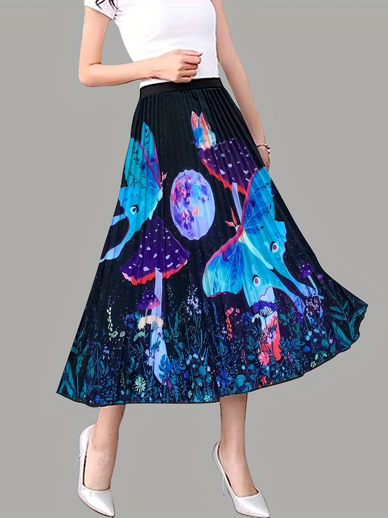 Mushroom & Butterfly Print Pleated Skirt for Spring & Summer