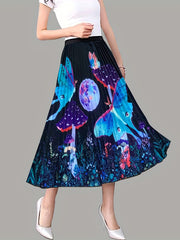 Mushroom & Butterfly Print Pleated Skirt for Spring & Summer