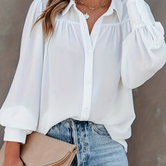 Solid Button Up Lantern Sleeve Blouse