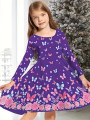 Christmas Night Graphic Long Sleeve Dress Girls Crew Neck Dresses