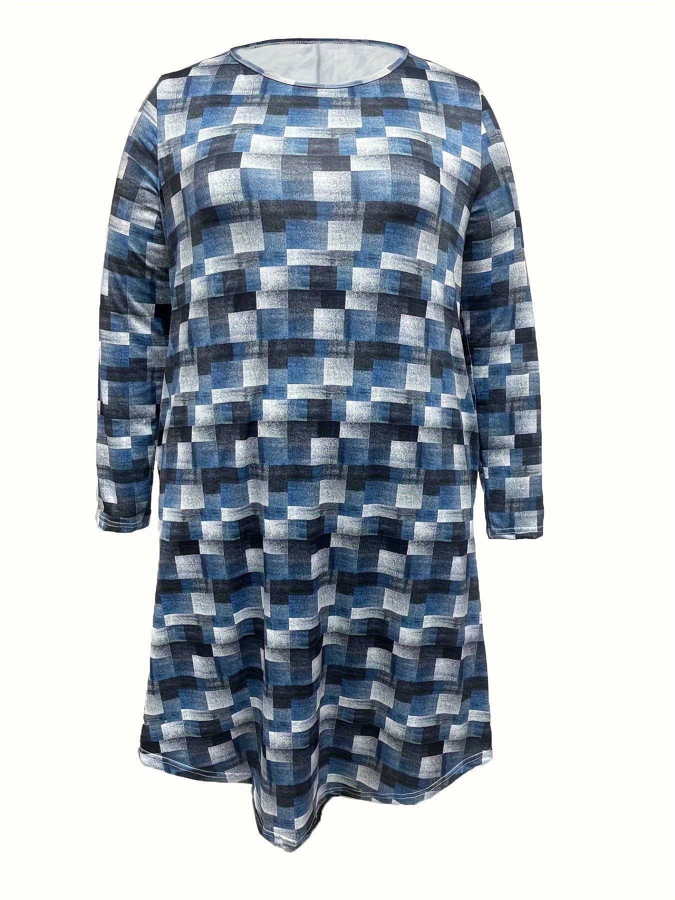 Allover Print Long Sleeve Round Neck Dress With Pockets