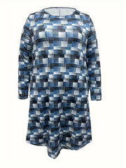 Allover Print Long Sleeve Round Neck Dress With Pockets